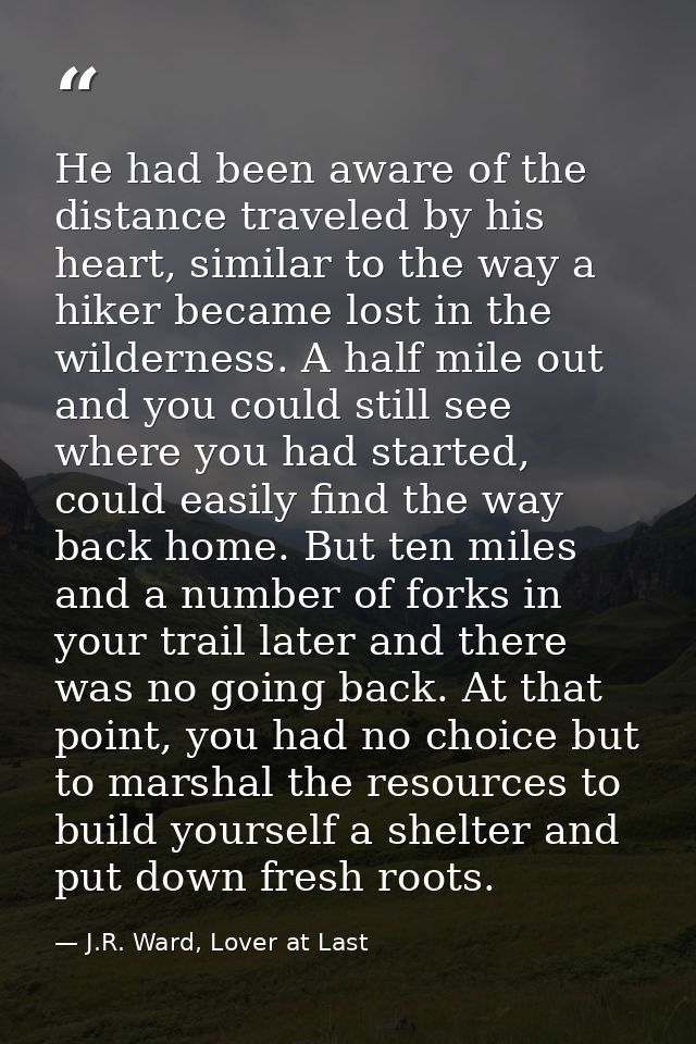 He had been aware of the distance traveled by his heart, similar to the way a hiker became lost in the wilderness. A hal — J.R. Ward, Lover at Last