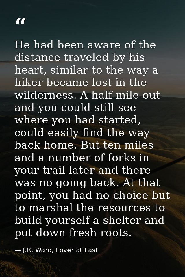 He had been aware of the distance traveled by his heart, similar to the way a hiker became lost in the wilderness. A hal — J.R. Ward, Lover at Last