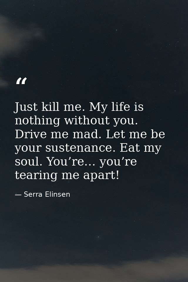 Just kill me. My life is nothing without you. Drive me mad. Let me be your sustenance. Eat my soul. You’re… you’re teari — Serra Elinsen