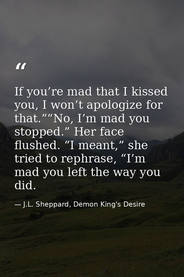 If you’re mad that I kissed you, I won’t apologize for that.”“No, I’m mad you stopped.” Her face flushed. “I meant,” she — J.L. Sheppard, Demon King's Desire