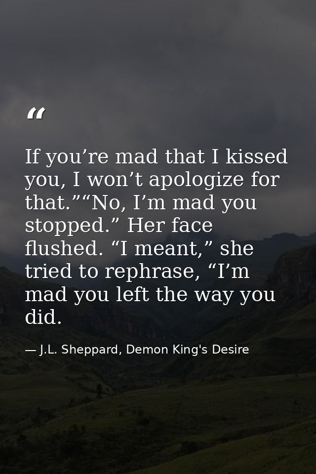 If you’re mad that I kissed you, I won’t apologize for that.”“No, I’m mad you stopped.” Her face flushed. “I meant,” she — J.L. Sheppard, Demon King's Desire