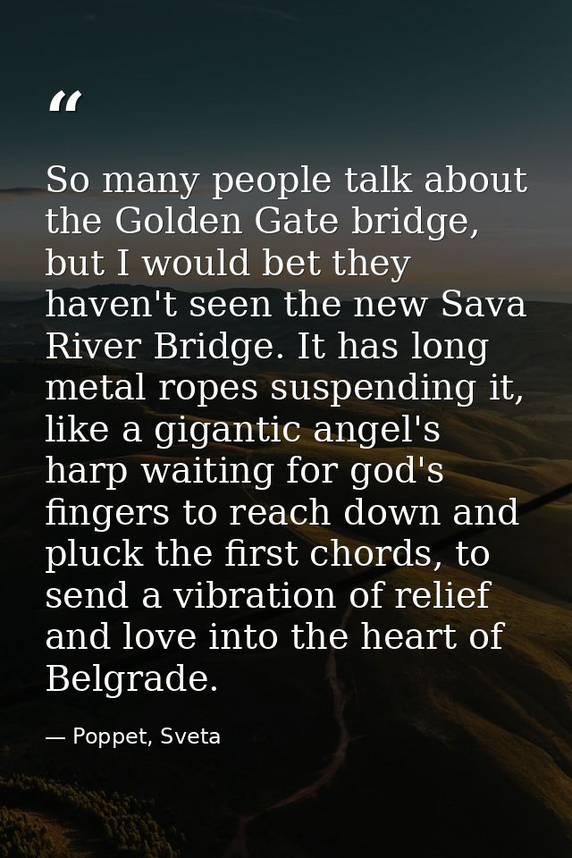 So many people talk about the Golden Gate bridge, but I would bet they haven't seen the new Sava River Bridge. It has lo — Poppet, Sveta