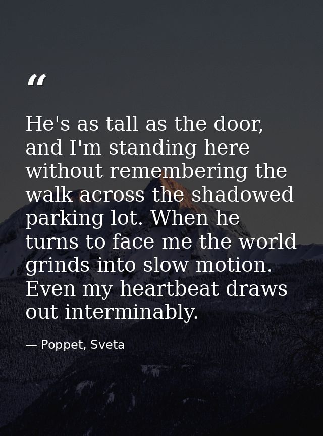 He's as tall as the door, and I'm standing here without remembering the walk across the shadowed parking lot. When he tu — Poppet, Sveta