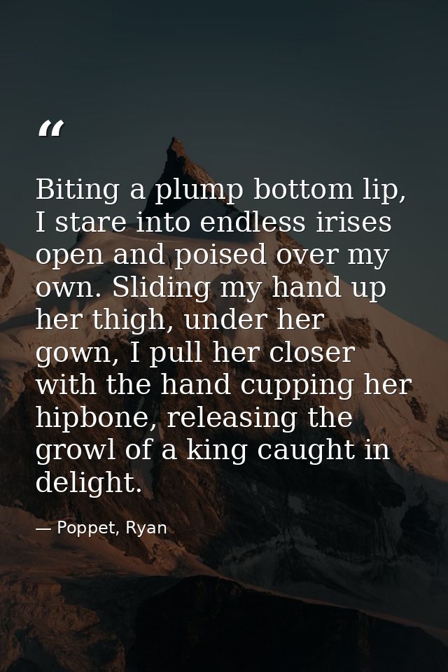 Biting a plump bottom lip, I stare into endless irises open and poised over my own. Sliding my hand up her thigh, under  — Poppet, Ryan