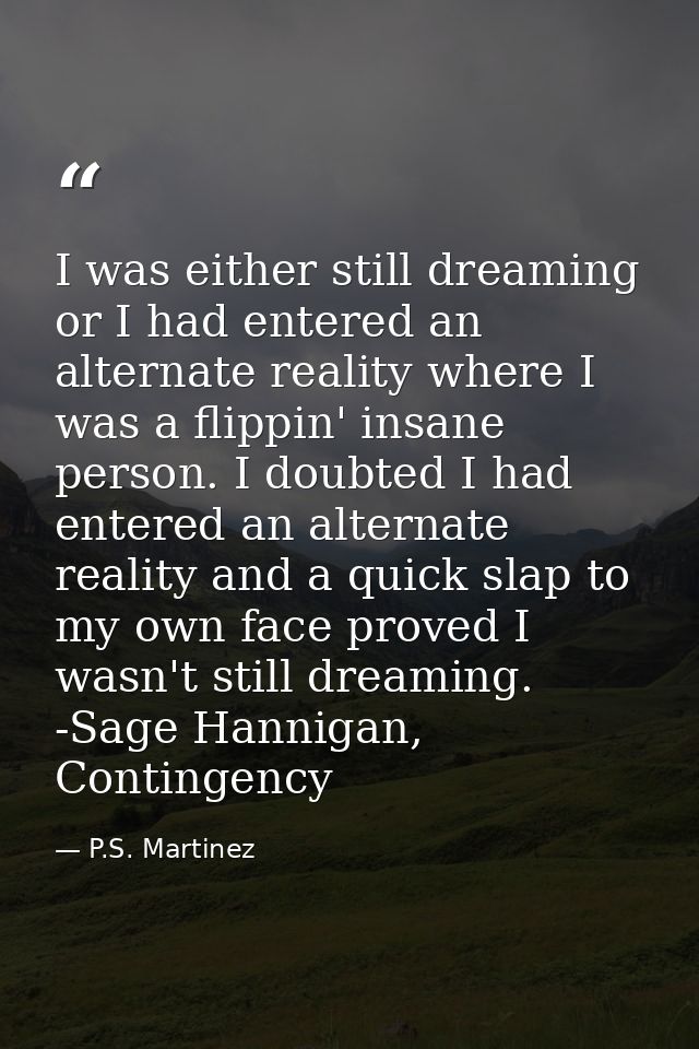 I was either still dreaming or I had entered an alternate reality where I was a flippin' insane person. I doubted I had  — P.S. Martinez