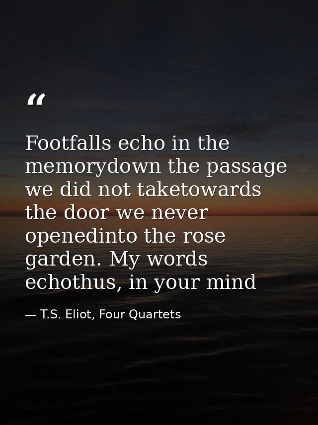 Footfalls echo in the memorydown the passage we did not taketowards the door we never openedinto the rose garden. My wor — T.S. Eliot, Four Quartets