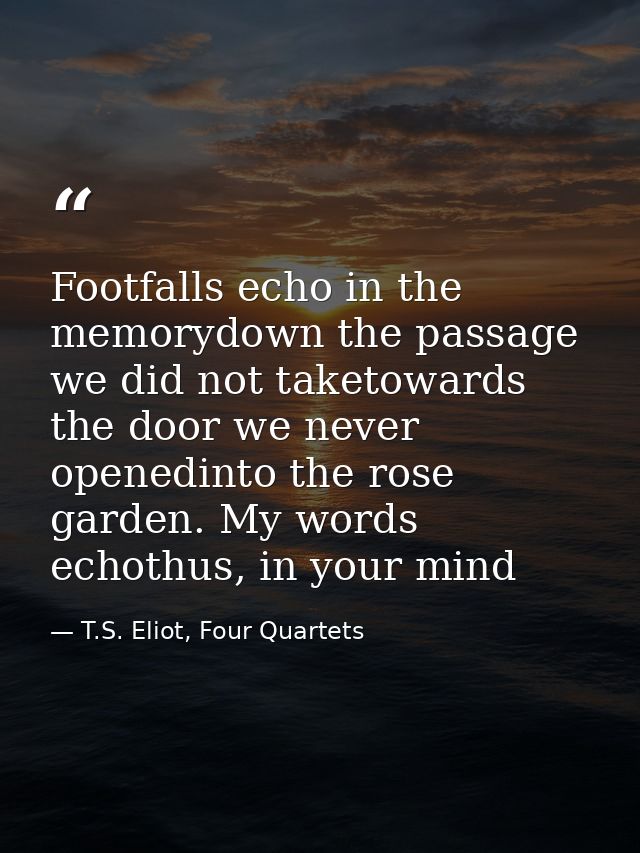 Footfalls echo in the memorydown the passage we did not taketowards the door we never openedinto the rose garden. My wor — T.S. Eliot, Four Quartets