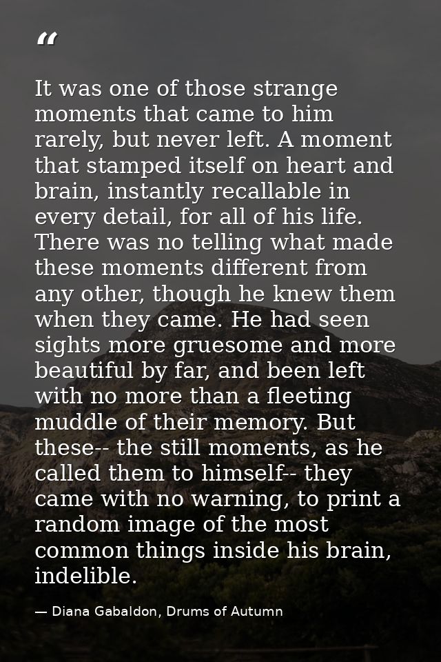 It was one of those strange moments that came to him rarely, but never left. A moment that stamped itself on heart and b — Diana Gabaldon, Drums of Autumn