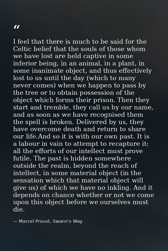 I feel that there is much to be said for the Celtic belief that the souls of those whom we have lost are held captive in — Marcel Proust, Swann's Way