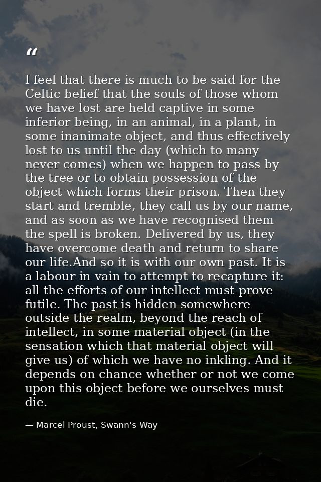 I feel that there is much to be said for the Celtic belief that the souls of those whom we have lost are held captive in — Marcel Proust, Swann's Way