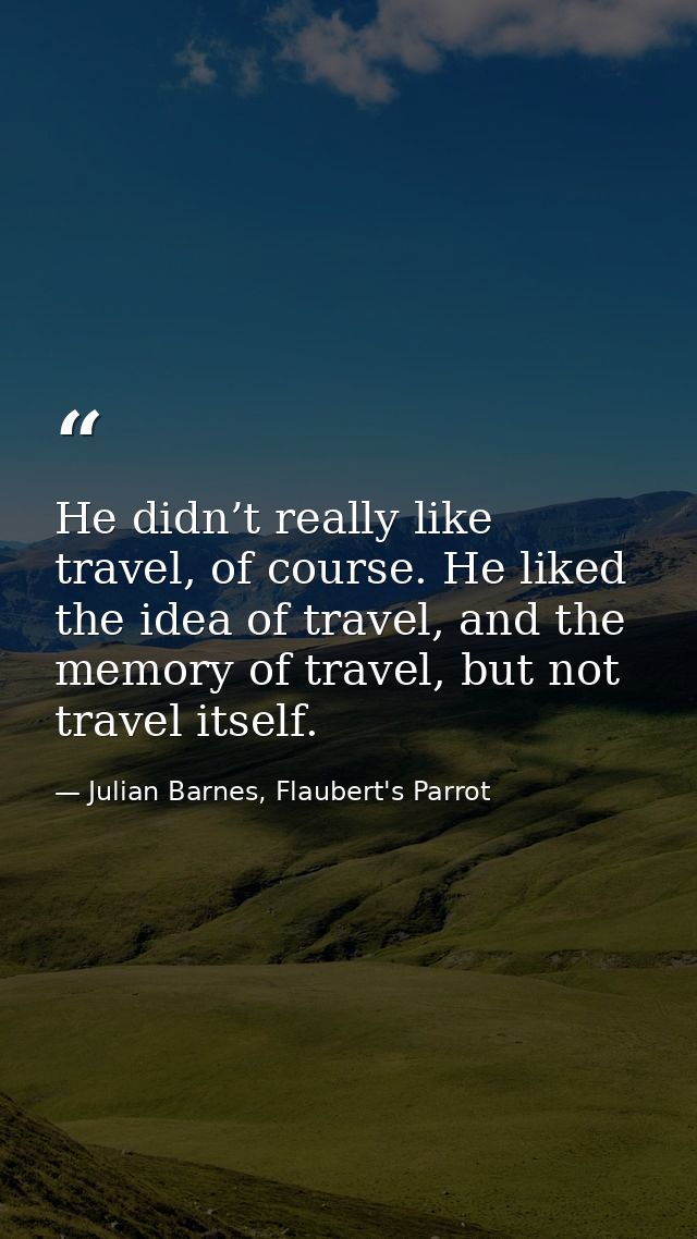 He didn’t really like travel, of course. He liked the idea of travel, and the memory of travel, but not travel itself. — Julian Barnes, Flaubert's Parrot