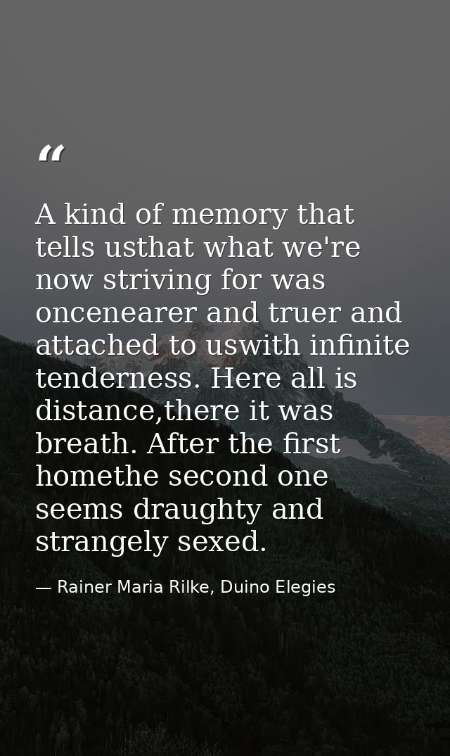 A kind of memory that tells usthat what we're now striving for was oncenearer and truer and attached to uswith infinite  — Rainer Maria Rilke, Duino Elegies