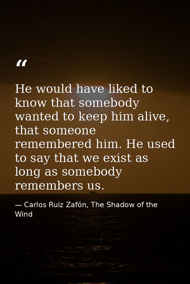 He would have liked to know that somebody wanted to keep him alive, that someone remembered him. He used to say that we  — Carlos Ruiz Zafón, The Shadow of the Wind
