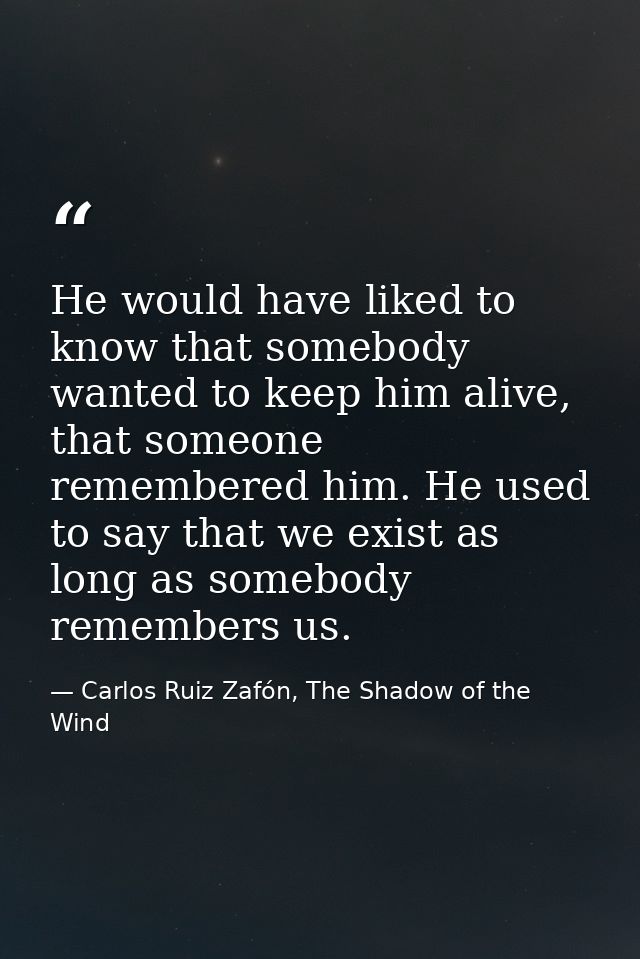 He would have liked to know that somebody wanted to keep him alive, that someone remembered him. He used to say that we  — Carlos Ruiz Zafón, The Shadow of the Wind