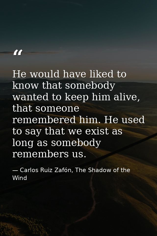 He would have liked to know that somebody wanted to keep him alive, that someone remembered him. He used to say that we  — Carlos Ruiz Zafón, The Shadow of the Wind