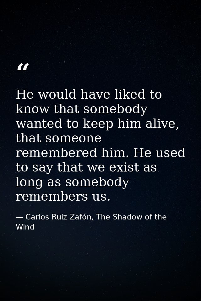 He would have liked to know that somebody wanted to keep him alive, that someone remembered him. He used to say that we  — Carlos Ruiz Zafón, The Shadow of the Wind