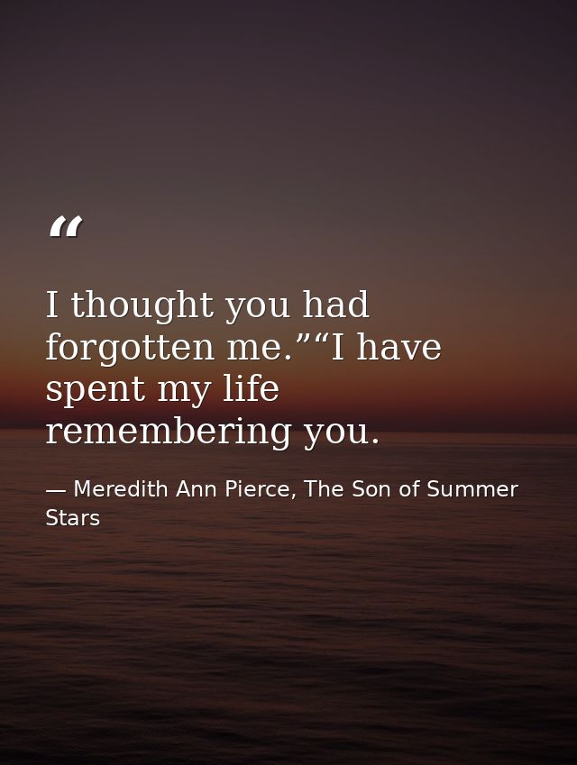 I thought you had forgotten me.”“I have spent my life remembering you. — Meredith Ann Pierce, The Son of Summer Stars