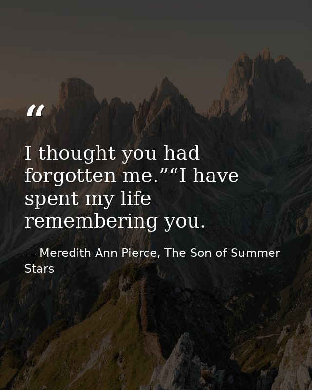 I thought you had forgotten me.”“I have spent my life remembering you. — Meredith Ann Pierce, The Son of Summer Stars