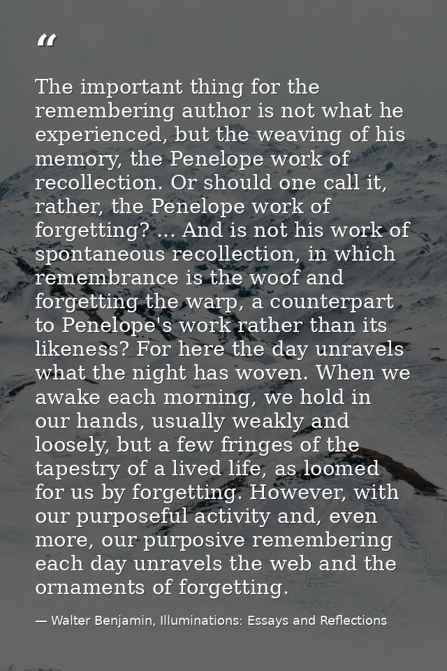 The important thing for the remembering author is not what he experienced, but the weaving of his memory, the Penelope w — Walter Benjamin, Illuminations: Essays and Reflections