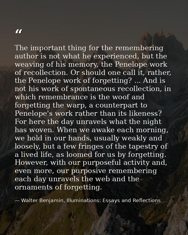 The important thing for the remembering author is not what he experienced, but the weaving of his memory, the Penelope w — Walter Benjamin, Illuminations: Essays and Reflections