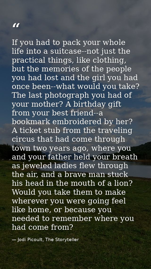 If you had to pack your whole life into a suitcase--not just the practical things, like clothing, but the memories of th — Jodi Picoult, The Storyteller