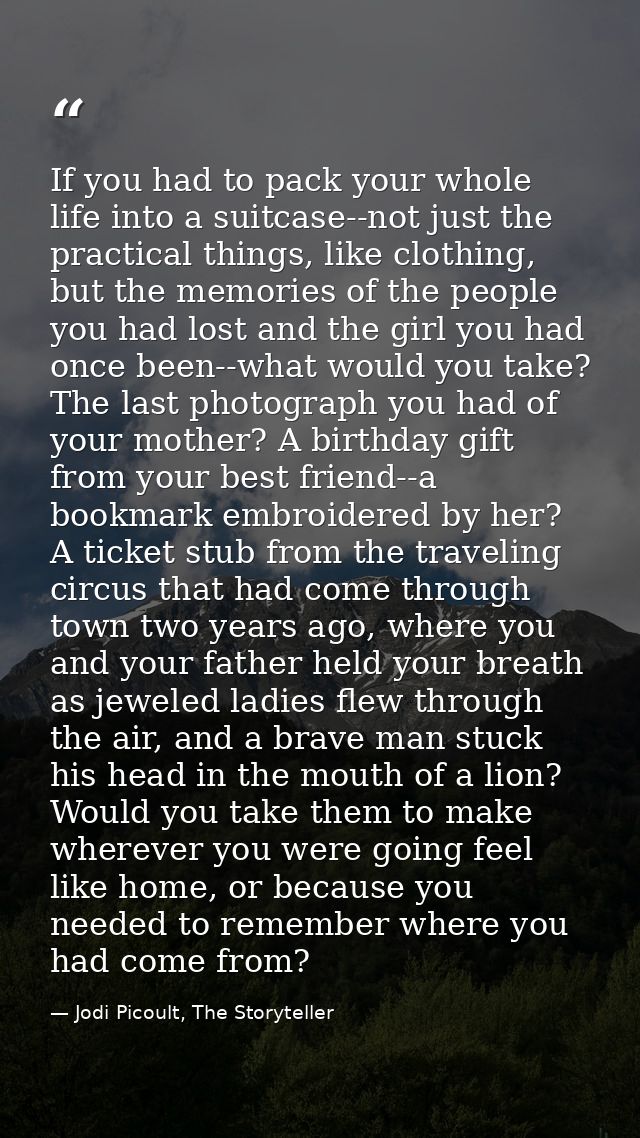 If you had to pack your whole life into a suitcase--not just the practical things, like clothing, but the memories of th — Jodi Picoult, The Storyteller