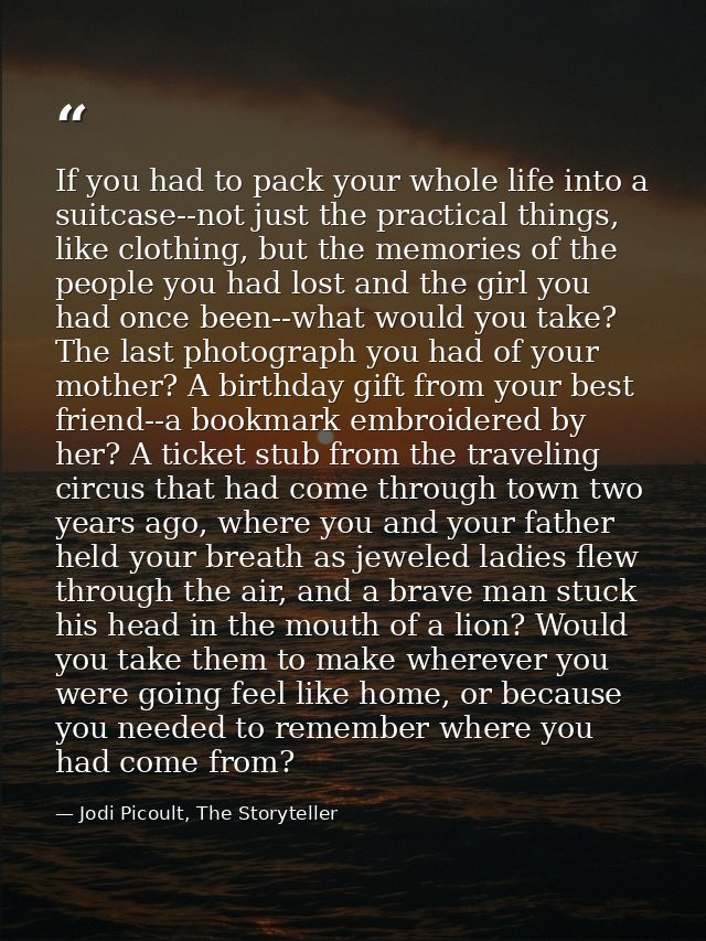 If you had to pack your whole life into a suitcase--not just the practical things, like clothing, but the memories of th — Jodi Picoult, The Storyteller
