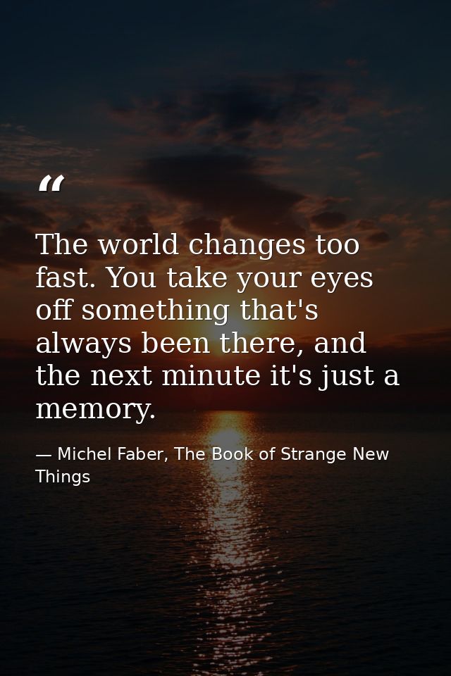 The world changes too fast. You take your eyes off something that's always been there, and the next minute it's just a m — Michel Faber, The Book of Strange New Things