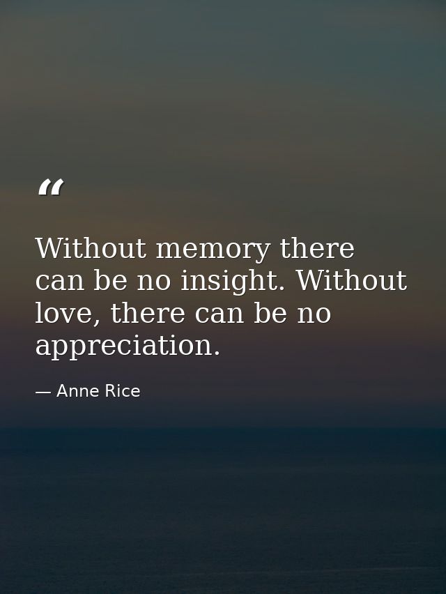Without memory there can be no insight. Without love, there can be no appreciation. — Anne Rice