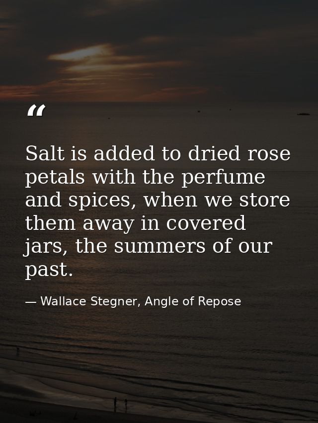 Salt is added to dried rose petals with the perfume and spices, when we store them away in covered jars, the summers of  — Wallace Stegner, Angle of Repose