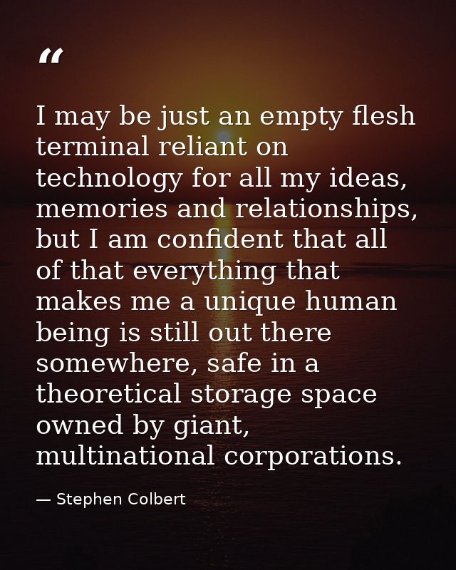 I may be just an empty flesh terminal reliant on technology for all my ideas, memories and relationships, but I am confi — Stephen Colbert