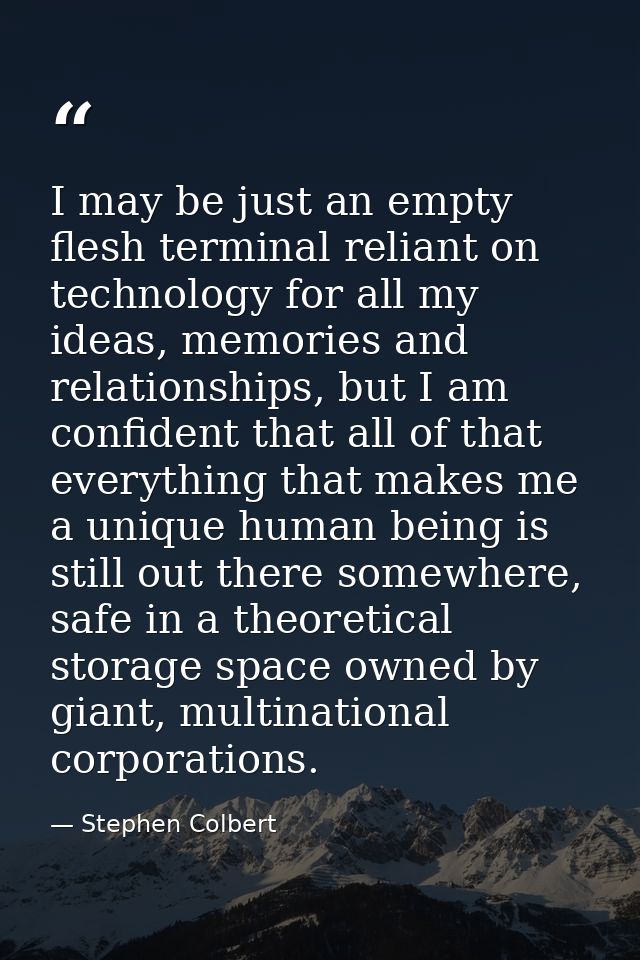I may be just an empty flesh terminal reliant on technology for all my ideas, memories and relationships, but I am confi — Stephen Colbert