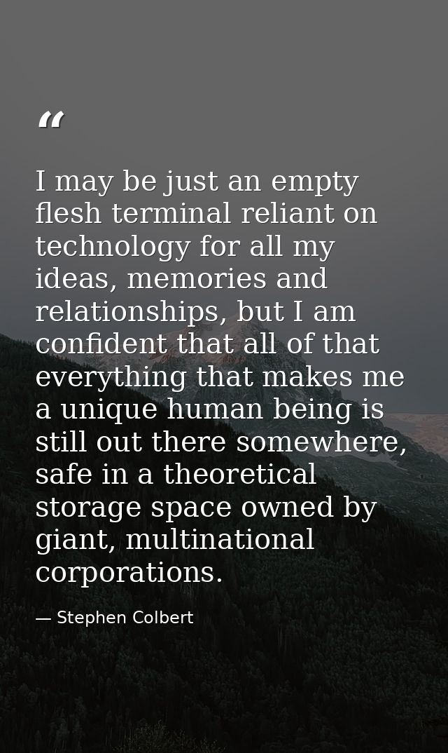 I may be just an empty flesh terminal reliant on technology for all my ideas, memories and relationships, but I am confi — Stephen Colbert