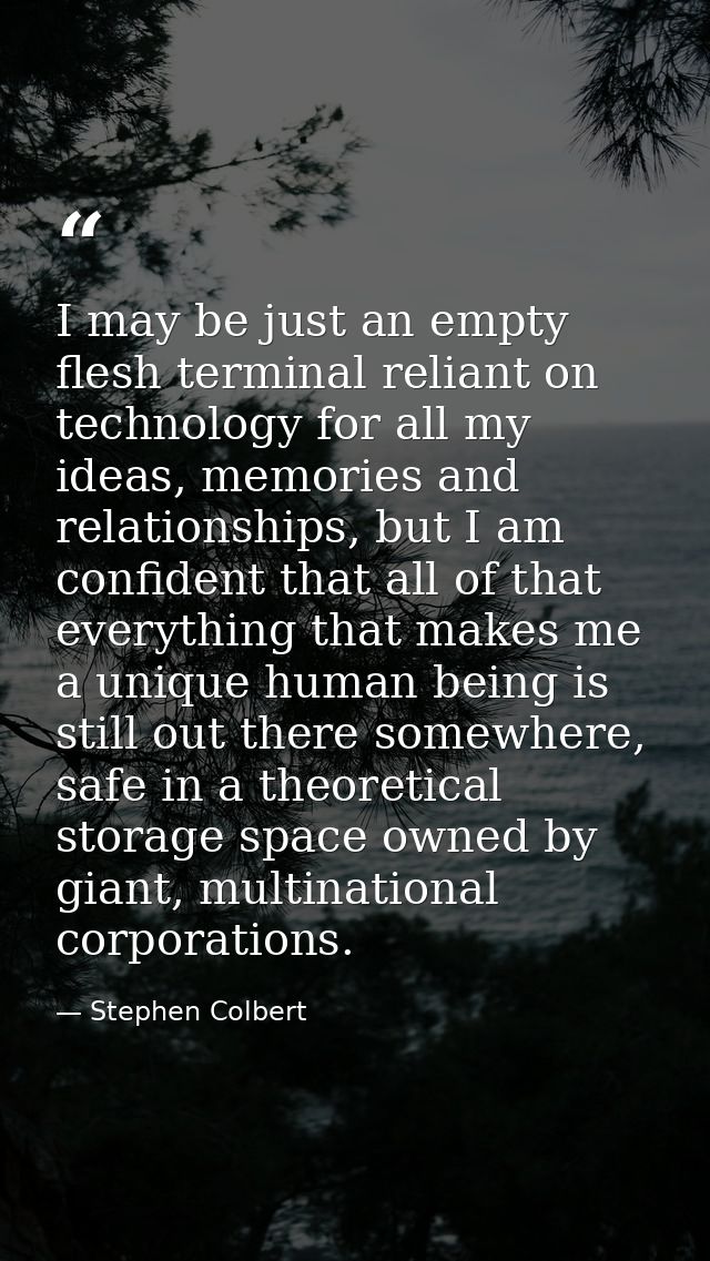 I may be just an empty flesh terminal reliant on technology for all my ideas, memories and relationships, but I am confi — Stephen Colbert