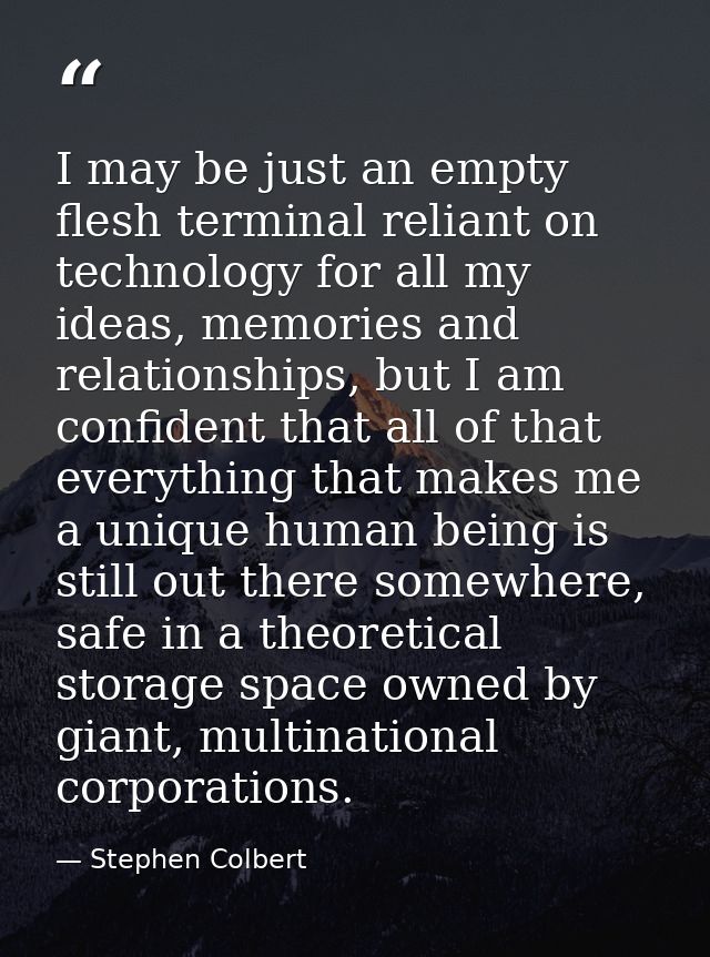 I may be just an empty flesh terminal reliant on technology for all my ideas, memories and relationships, but I am confi — Stephen Colbert
