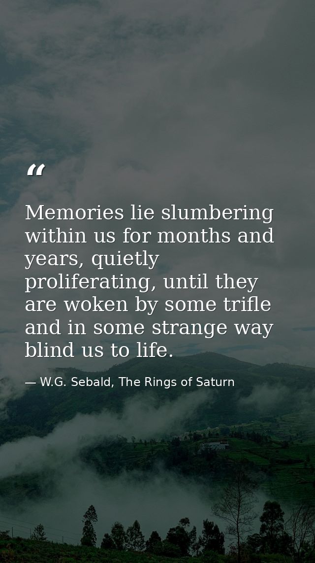 Memories lie slumbering within us for months and years, quietly proliferating, until they are woken by some trifle and i — W.G. Sebald, The Rings of Saturn