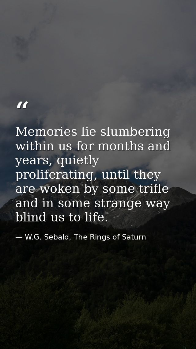 Memories lie slumbering within us for months and years, quietly proliferating, until they are woken by some trifle and i — W.G. Sebald, The Rings of Saturn