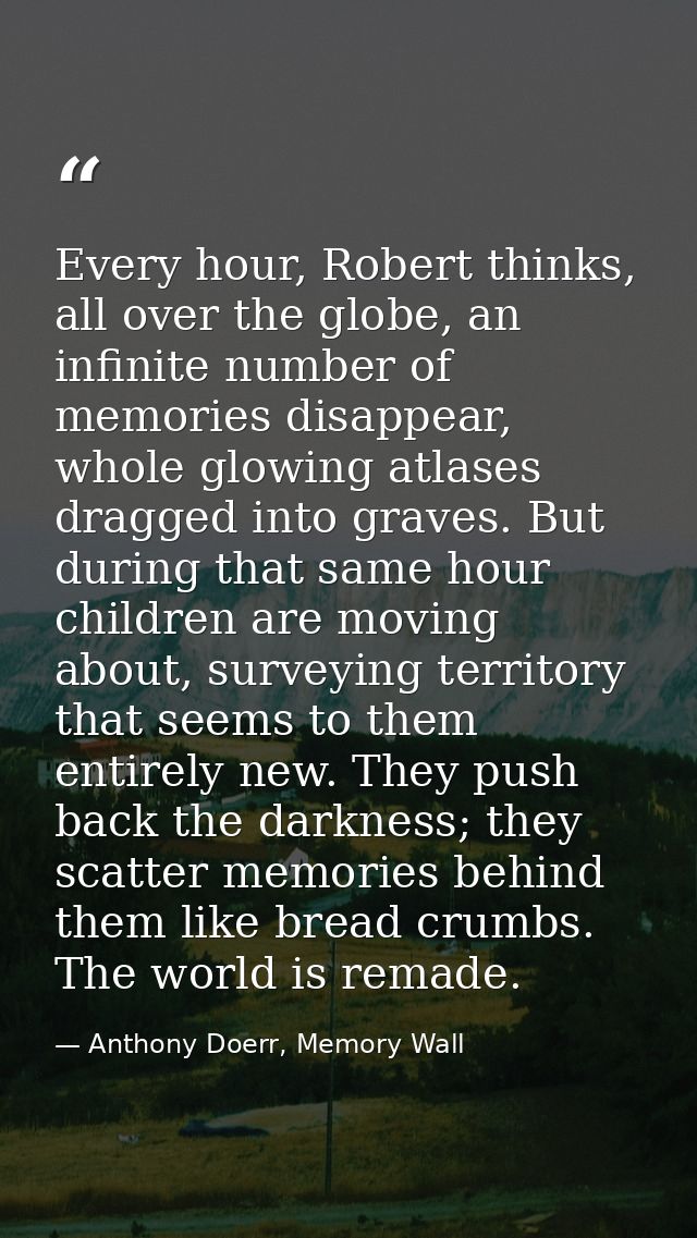 Every hour, Robert thinks, all over the globe, an infinite number of memories disappear, whole glowing atlases dragged i — Anthony Doerr, Memory Wall