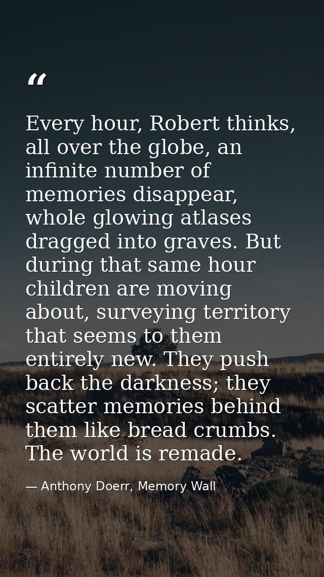 Every hour, Robert thinks, all over the globe, an infinite number of memories disappear, whole glowing atlases dragged i — Anthony Doerr, Memory Wall