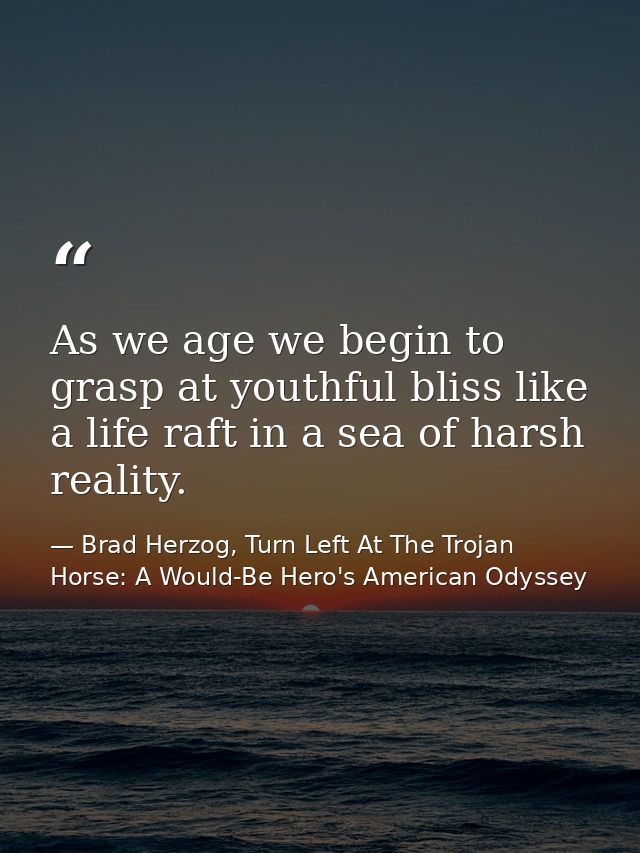 As we age we begin to grasp at youthful bliss like a life raft in a sea of harsh reality. — Brad Herzog, Turn Left At The Trojan Horse: A Would-Be Hero's American Odyssey