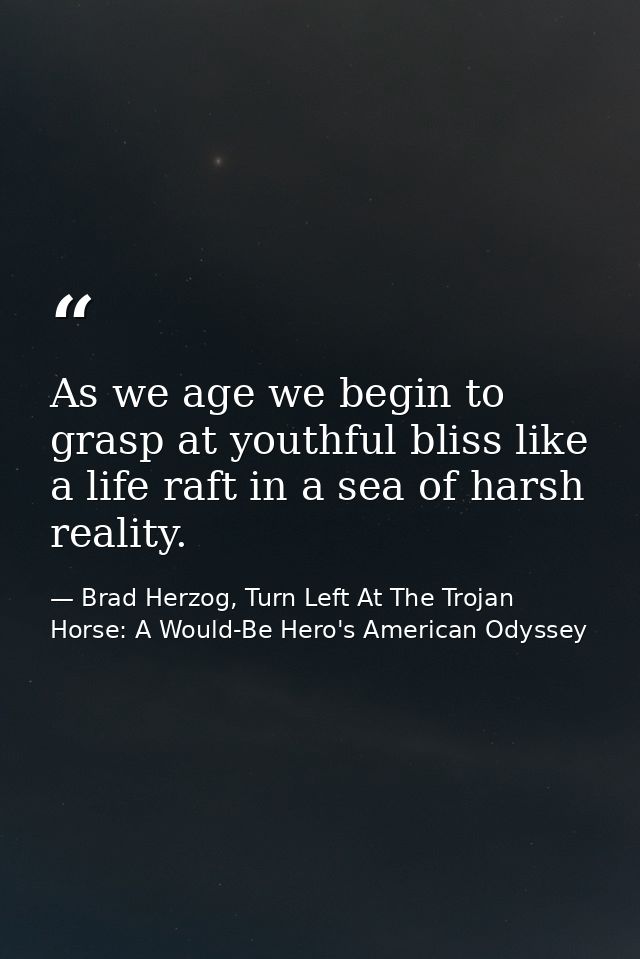 As we age we begin to grasp at youthful bliss like a life raft in a sea of harsh reality. — Brad Herzog, Turn Left At The Trojan Horse: A Would-Be Hero's American Odyssey