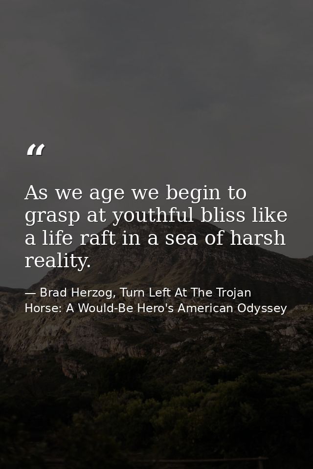 As we age we begin to grasp at youthful bliss like a life raft in a sea of harsh reality. — Brad Herzog, Turn Left At The Trojan Horse: A Would-Be Hero's American Odyssey
