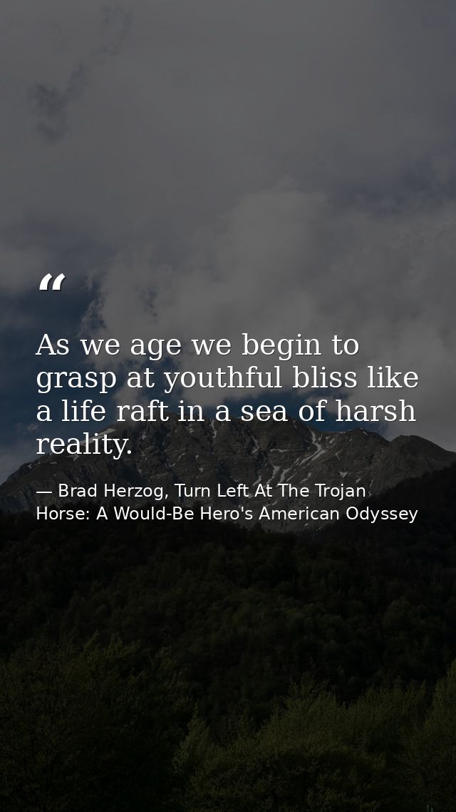 As we age we begin to grasp at youthful bliss like a life raft in a sea of harsh reality. — Brad Herzog, Turn Left At The Trojan Horse: A Would-Be Hero's American Odyssey