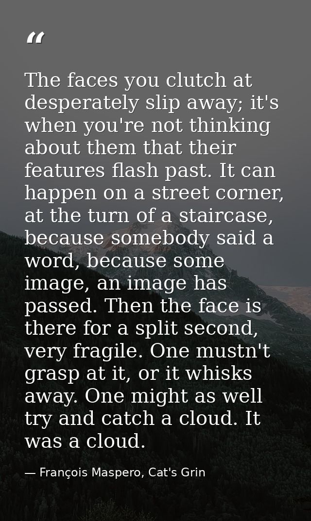 The faces you clutch at desperately slip away; it's when you're not thinking about them that their features flash past.  — François Maspero, Cat's Grin