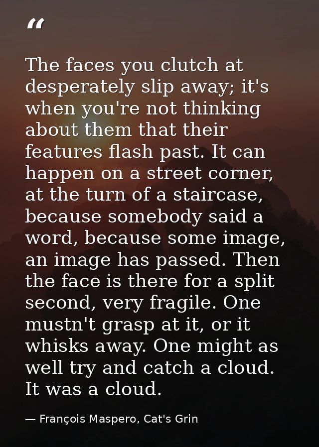The faces you clutch at desperately slip away; it's when you're not thinking about them that their features flash past.  — François Maspero, Cat's Grin