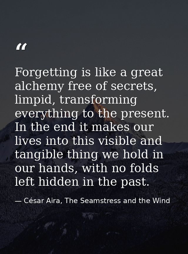 Forgetting is like a great alchemy free of secrets, limpid, transforming everything to the present. In the end it makes  — César Aira, The Seamstress and the Wind