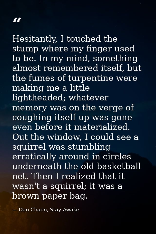 Hesitantly, I touched the stump where my finger used to be. In my mind, something almost remembered itself, but the fume — Dan Chaon, Stay Awake