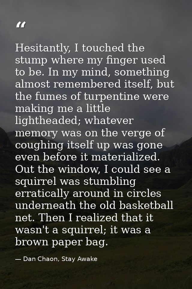 Hesitantly, I touched the stump where my finger used to be. In my mind, something almost remembered itself, but the fume — Dan Chaon, Stay Awake