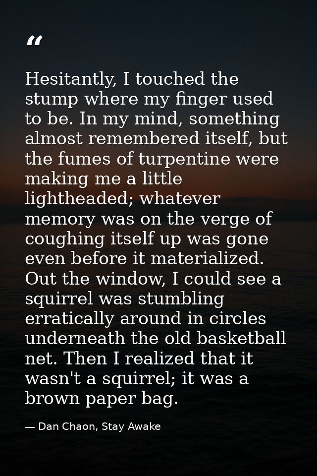 Hesitantly, I touched the stump where my finger used to be. In my mind, something almost remembered itself, but the fume — Dan Chaon, Stay Awake