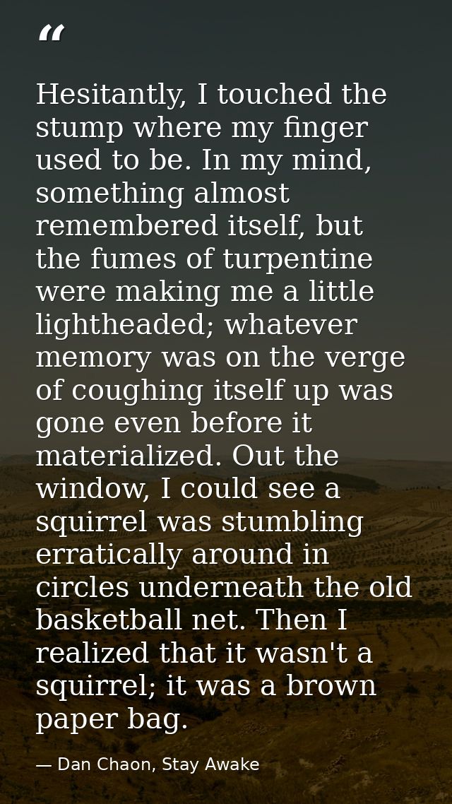 Hesitantly, I touched the stump where my finger used to be. In my mind, something almost remembered itself, but the fume — Dan Chaon, Stay Awake